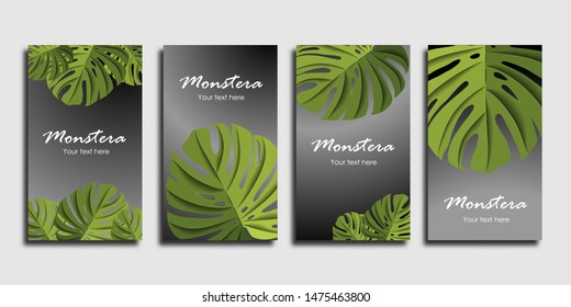 Poster with leaf monstera on grey background. Design in the style of wealth and luxury. Everything built on layers. Business card for print design. Black and white card.