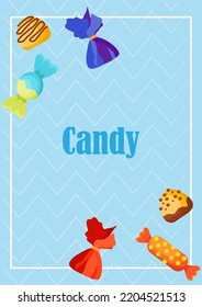 Un afiche, un folleto con deliciosos chocolates brillantes, chocolate, en envolturas brillantes con una inscripción manuscrita en un hermoso fondo geométrico. Ilustración del vector