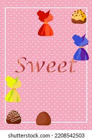 Un cartel, un folleto con deliciosos chocolates brillantes, chocolate, en envolturas brillantes con una inscripción manuscrita dulce sobre un hermoso fondo geométrico. Ilustración del vector