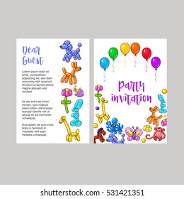 Poster, leaflet, invitation design with twisted balloon animals, cartoon vector illustration isolated on white background. Birthday party invitation, poster template with twisted balloon animals