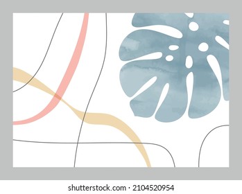Cartel con hojas y formas orgánicas abstractas y líneas para la decoración de paredes, cubierta, plantilla horizontal de 10 vectores EPS