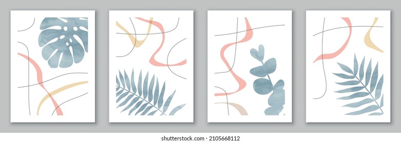 Cartel con hojas y formas orgánicas abstractas y líneas para la decoración de paredes, cubierta, plantilla horizontal de 10 vectores EPS