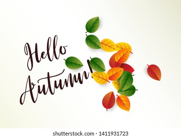 Poster with leafs and slogan ''Hello autumn!''. 3D paper cut effect. Bright minimalist autumn postcard. Autumn leaf litter. Vector illustration.