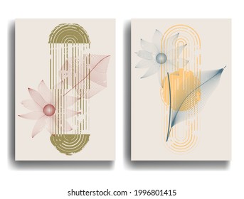 Poster with  leaves and geometric shapes in Boho style . Minimal design with grange elements . Trendy brochure . Vector illustration. 