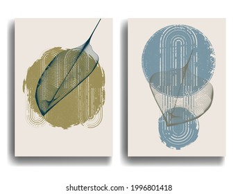 Afiche con hojas y formas geométricas al estilo Boho . Diseño mínimo con elementos de grano. Folleto de moda. Ilustración vectorial. 