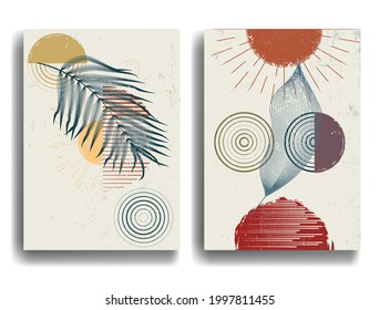 Afiche con hojas y formas geométricas al estilo Boho . Diseño mínimo con elementos de grano. Folleto de moda. Arte moderno .Ilustración vectorial. 