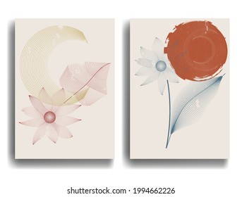 Poster with  leaves and grunge textured geometric shapes . Minimal design with grange elements . Trendy brochure . Vector illustration. 