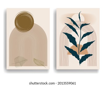 Poster with  leaves and grunge textured geometric shapes . Minimal design with grange elements . Trendy brochure . Vector illustration. 