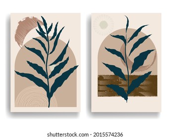 Poster with  leaves and grunge textured geometric shapes . Minimal design with grange elements . Trendy brochure . Vector illustration. 