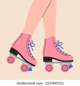 Poster with legs of a girl in roller skates. Sport and disco. Retro fashion style from 80s. Cute vector illustration in trendy colors. Hand drawn style. 