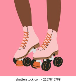 Poster with legs of a girl in roller skates. Sport and disco. Retro fashion style from 80s. Cute vector illustration in trendy colors. Hand drawn style. 