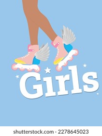 poster with legs in roller skates standing on text in flat style. vector with a poster of legs in roller skates with wings.