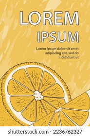 Poster with lemon fruit and juice. Fresh and healthy citrus fruit. Design for banner, poster, label. Yellow background. Vector color illustration. Hand drawn outline
