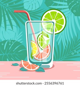 Poster of a lemonade cocktail drink in a glass with a grapefruit slice on top inside an orange and a straw around a leaf. Vector illustration.