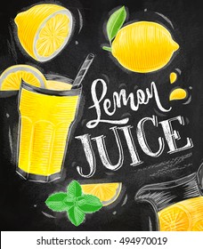 Poster with lemonade elements glass, jug, mint lettering lemon juice drawing with chalk on chalkboard background