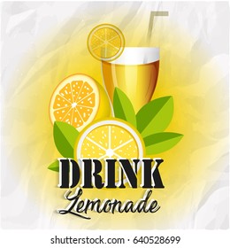 Poster with lemonade elements glass, lemon, jug, mint fresh lettering fresh lemonade drawing on dirty paper background