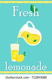 Poster with lemonade elements glass, lemon, jug, mint fresh lettering fresh lemonade.