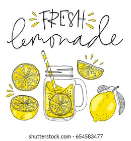 Poster With Lemonade Elements And Glass. Lettering, Fresh Lemonade, Drawing