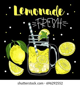 Poster with lemonade elements glass. Lettering fresh lemonade drawing chalkboard background