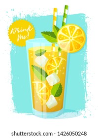 Poster with lemonade. Vector illustration with glass of refreshing summer drink with lemon slices, ice cubes and mint leaves on grunge background.
