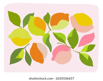 Poster with lemons and leaves. Multicolored composition with citrus fruits Vector illustration banner for interior decoration