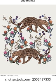 Poster with leopard and floral elements, colored on a light beige background	