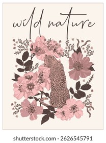  Poster with leopard and floral elements, colored on a light beige background