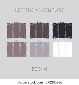 Poster `Let the adventure begin` with icons of old, retro, vintage suitcases for travel. Vector illustration in pastel brown tone, isolated