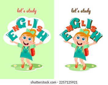 Poster with let's learn English and a cheerful redhead girl with letters in her hands on a light green and white backgrounds