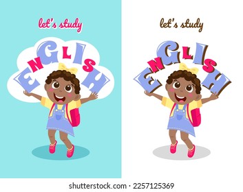 Poster with let's study English and a cheerful swarthy girl with letters in her hands on color and white backgrounds