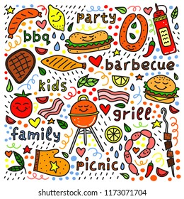 Poster with lettering and cute doodle colored barbecue, picnic icons.