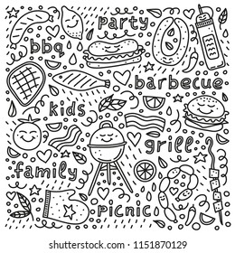Poster with lettering and cute doodle outline barbecue, picnic icons.