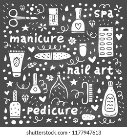 Poster with lettering and different doodle icons for nail salon.