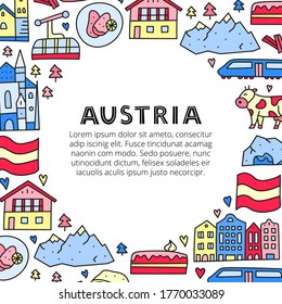 Poster with lettering and doodle colored Austria icons including Vienna Cathedral, train, chalet house, church, Alpine mountains, cow, cave, flag, schnitzel, strudel, etc isolated on white background.