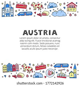 Poster with lettering and doodle colored Austria icons including Vienna Cathedral, train, chalet house, church, Alpine mountains, cow, cave, flag, schnitzel, strudel, etc isolated on white background.