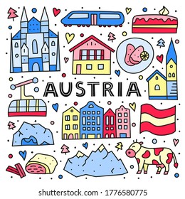 Poster with lettering and doodle colored Austria icons including Vienna Cathedral, train, chalet house, church, Alpine mountains, cow, cave, flag, schnitzel, strudel, etc isolated on white background.