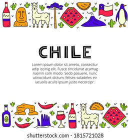 Poster with lettering and doodle colored Chile icons including Easter island statue, Villarrica volcano, araucaria tree, empanadas, penguin, poncho, alpaca, avocado oil isolated on white background.