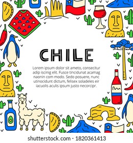 Poster with lettering and doodle colored Chile icons including Easter island statue, Villarrica volcano, araucaria tree, empanadas, penguin, poncho, alpaca, avocado oil isolated on white background.