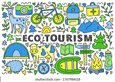 Poster with lettering and doodle colored eco tourism icons including deer, camera, bicycle, sun, backpack, first aid kit, mountains, tent, cow, hedgehog, compass, boat isolated on white background.