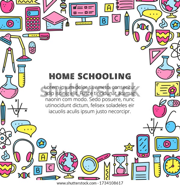 Poster with lettering and doodle colored\
education, e-learning icons including computer, phone, ruler,\
globe, divider, lamp, headphones, calculator, hourglass, book, etc\
isolated on white\
background.