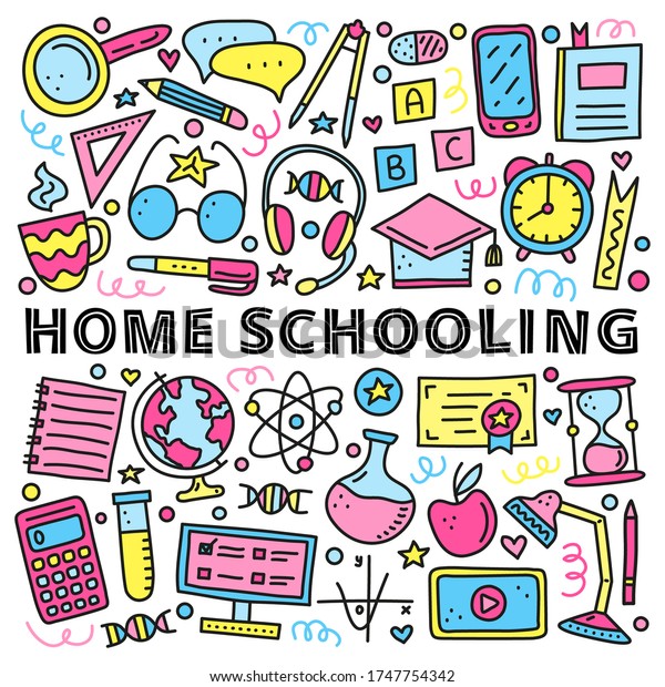 Poster with lettering and doodle colored\
education, e-learning icons including computer, phone, ruler,\
globe, divider, lamp, headphones, calculator, hourglass, book, etc\
isolated on white\
background.