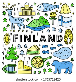 Poster with lettering and doodle colored Finland icons including Helsinki Cathedral, deer, lake, cloudberry, Olaf's castle, pastry, meatballs, fish, bear, flag, etc isolated on white background.