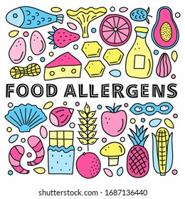 Poster with lettering and doodle colored food allergens icons including fish, seafoods, cheese, milk, wheat, mushrooms, citrus, honey, chocolate, tropic fruits isolated on white background.