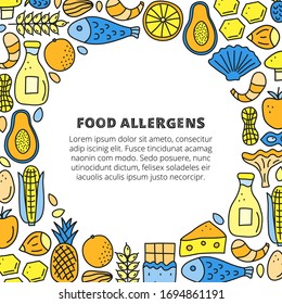 Poster with lettering and doodle colored food allergens icons including fish, seafoods, cheese, milk, wheat, mushrooms, citrus, honey, chocolate, fruits isolated on white background. Space for text.