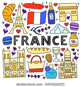 Poster with lettering and doodle colored France landmarks and attractions isolated on white background. Travel concept background.