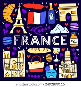 Poster with lettering and doodle colored France landmarks and attractions isolated on dark background. Travel concept background.