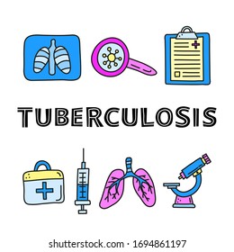 Afiche con letras y artículos de tuberculosis coloreados con doodle, incluyendo pulmones rayos X, lupa, portapapeles en blanco, kit de primeros auxilios, microscopio aislado en fondo blanco.