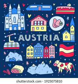 Poster with lettering and doodle colorful Austria icons including Vienna Cathedral, train, chalet house, church, Alpine mountains, cow, cave, flag, schnitzel, strudel, etc isolated on dark background.