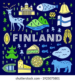 Afiche con letras y doodle coloridos íconos finlandeses incluyendo la Catedral de Helsinki, ciervo, lago, mora, castillo de Olaf, pastelería, albóndigas, pescado, oso, bandera, etc aislados en un fondo oscuro.