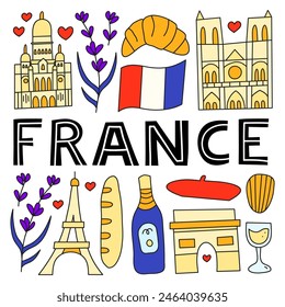 Poster with lettering and doodle colorful France landmarks and attractions isolated on white background. Travel concept background.